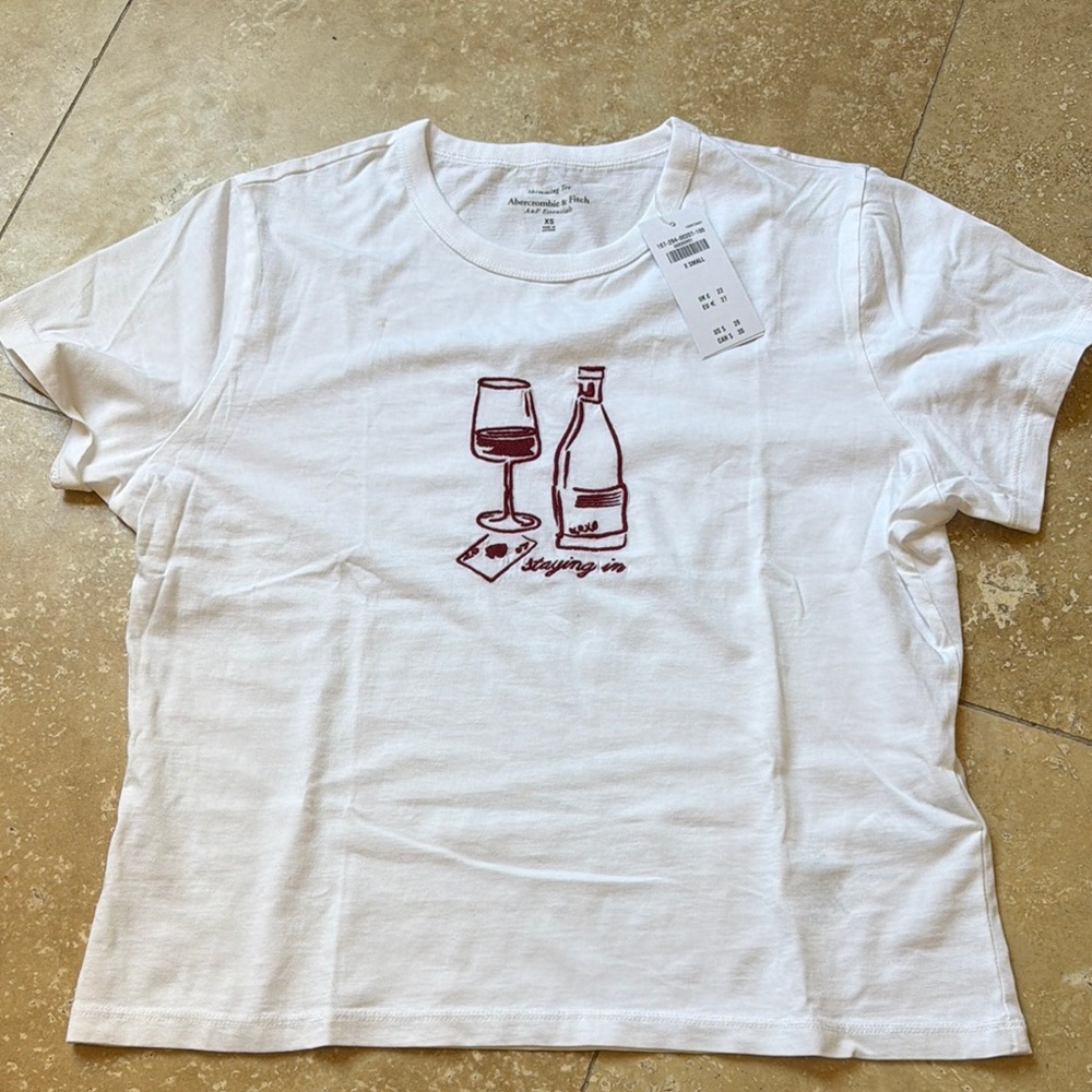 White Graphic Tee with Wine Bottle & Glass